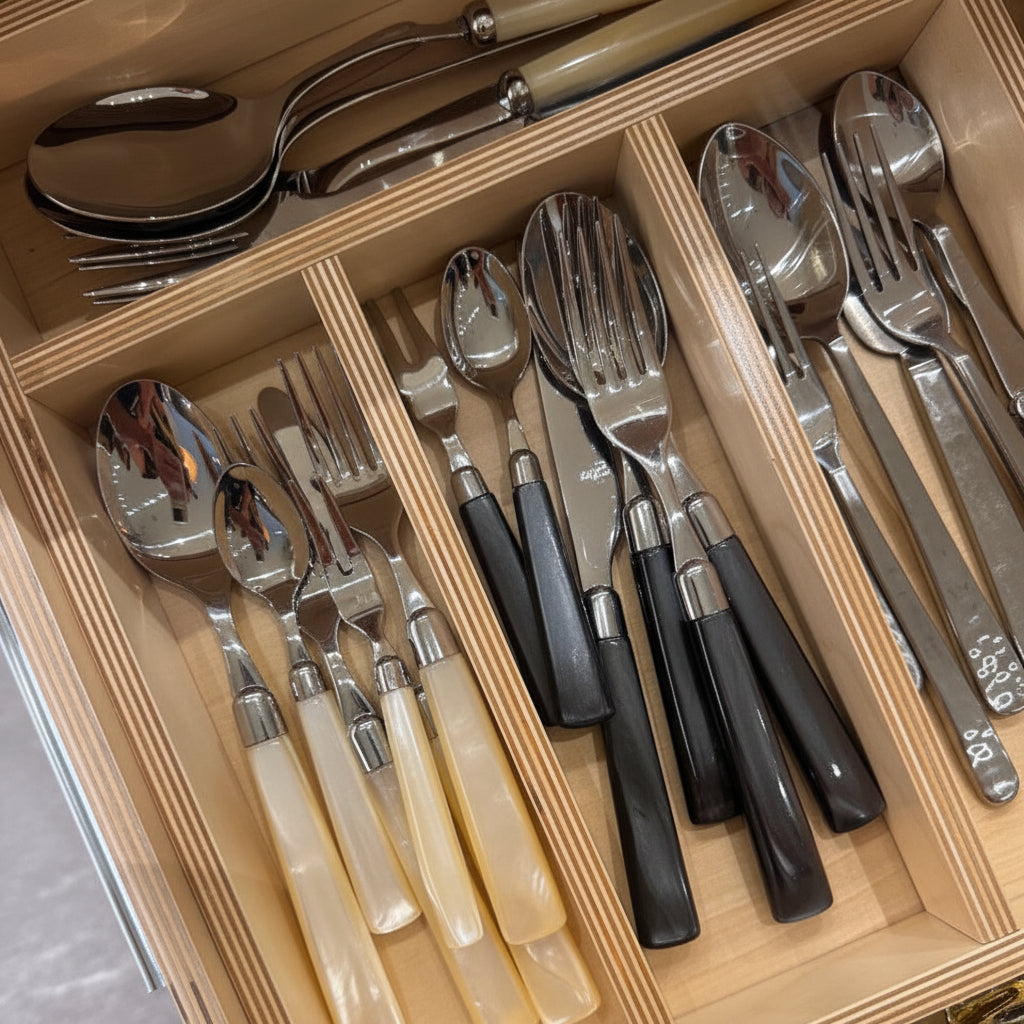 Set of silverware in a wooden drawer organizer