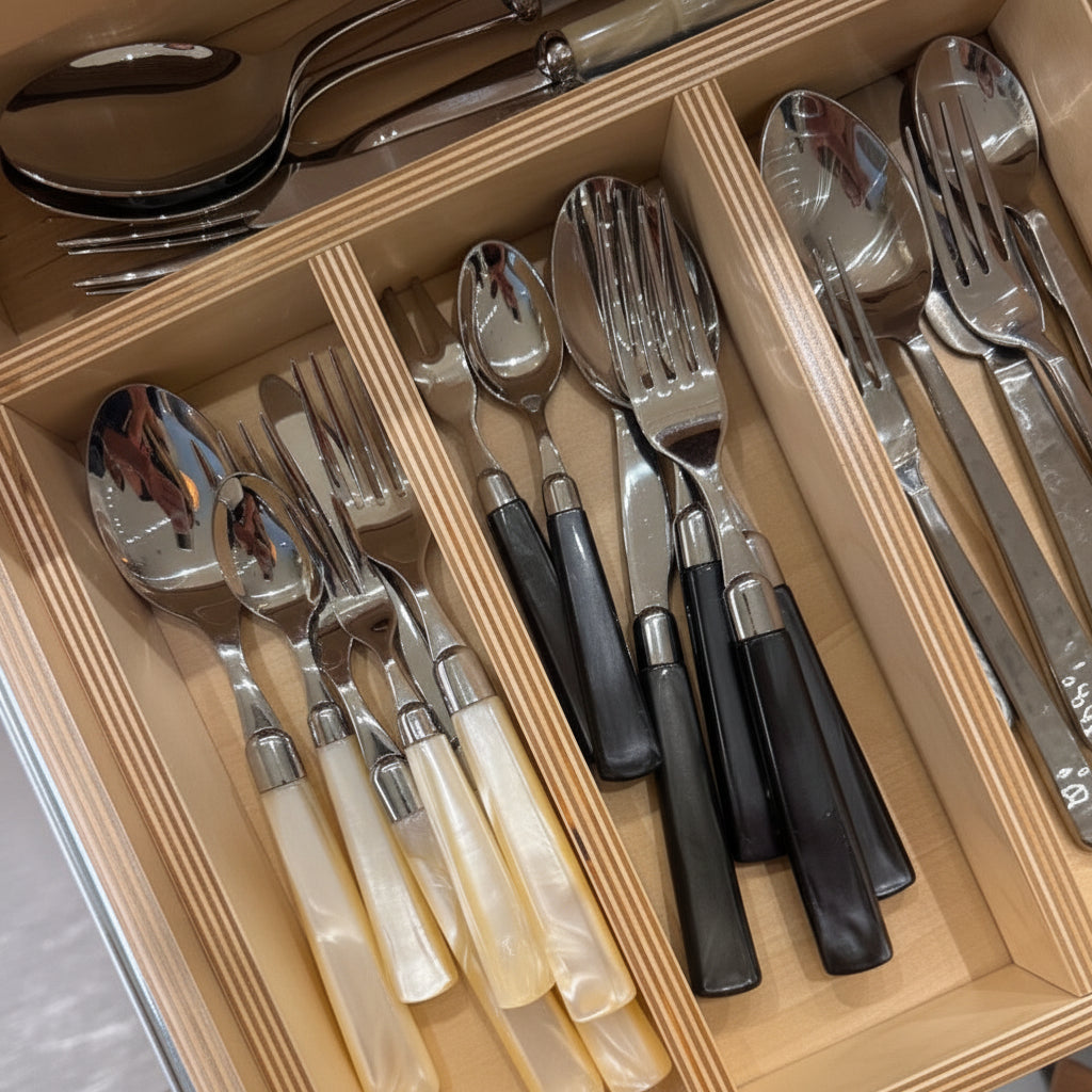 Set of silverware in a wooden drawer organizer