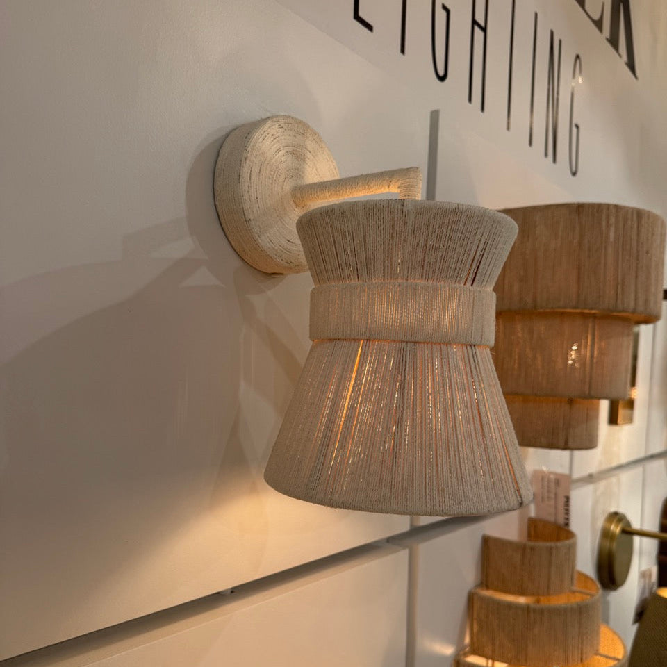 Wooden wall sconces on a white wall with 'GEK Lighting' branding.