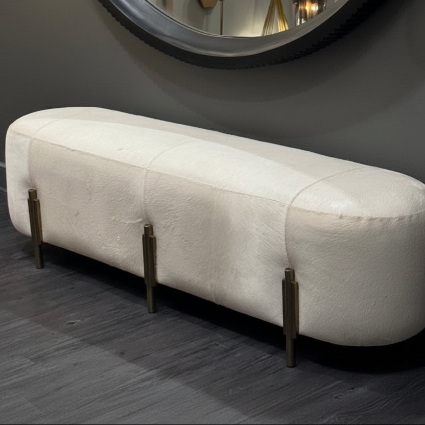Justin Bench White Hair on Hide and Antique Brass