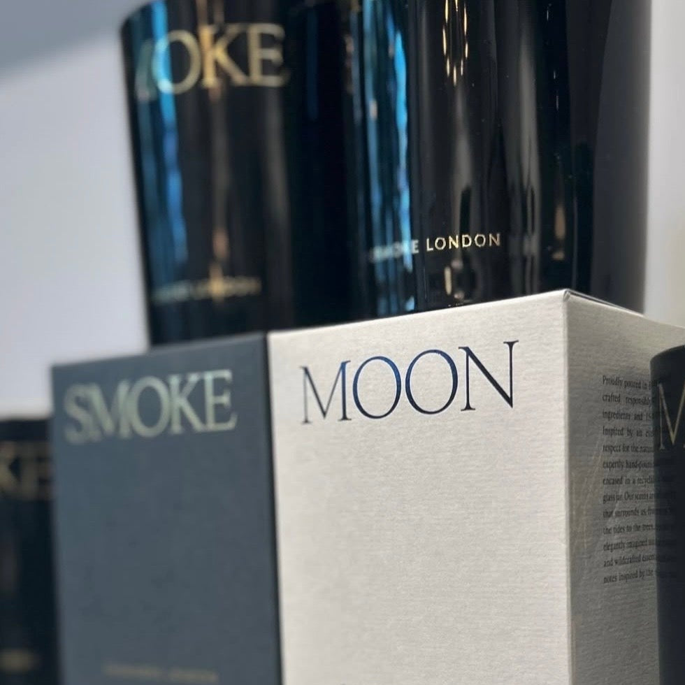 Evesham London 'Smoke' and 'Moon' products on a white surface