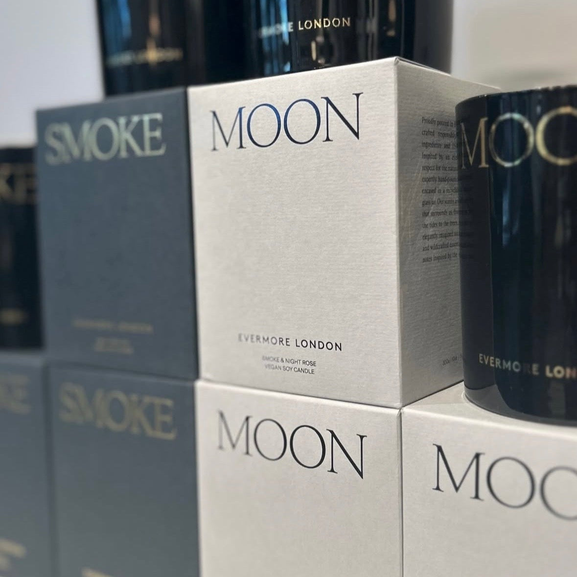 Evesham London 'Smoke' and 'Moon' products on a white surface