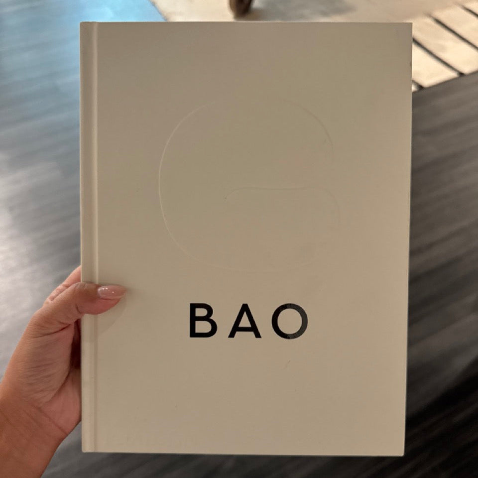 Beige book titled 'BAO' held by a hand on a reflective surface.