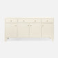 An off-white wooden sideboard or credenza with five drawers on top and three cabinet doors below, each fitted with small round metallic knobs, shown against a plain light gray background.