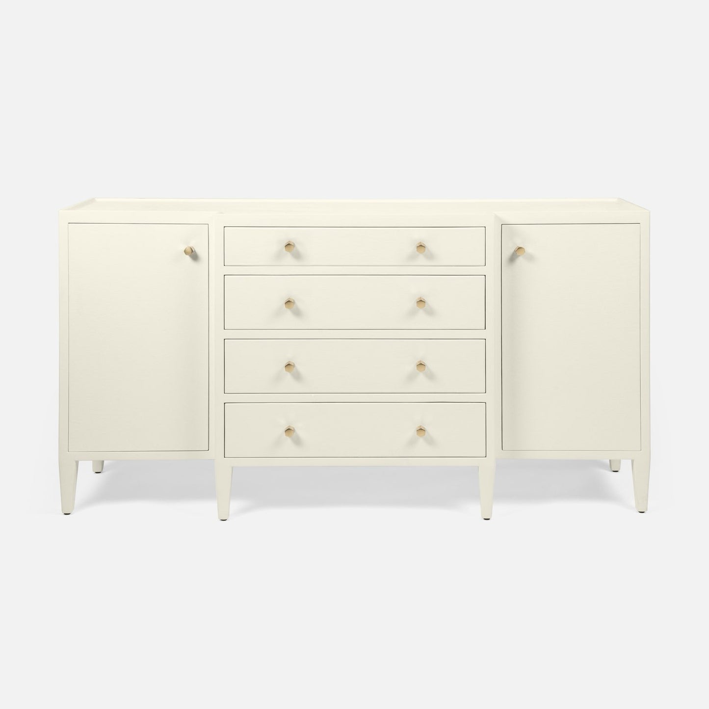 An off-white mid-century modern sideboard with two cabinet doors, four drawers, and small gold knobs, set against a light gray background.