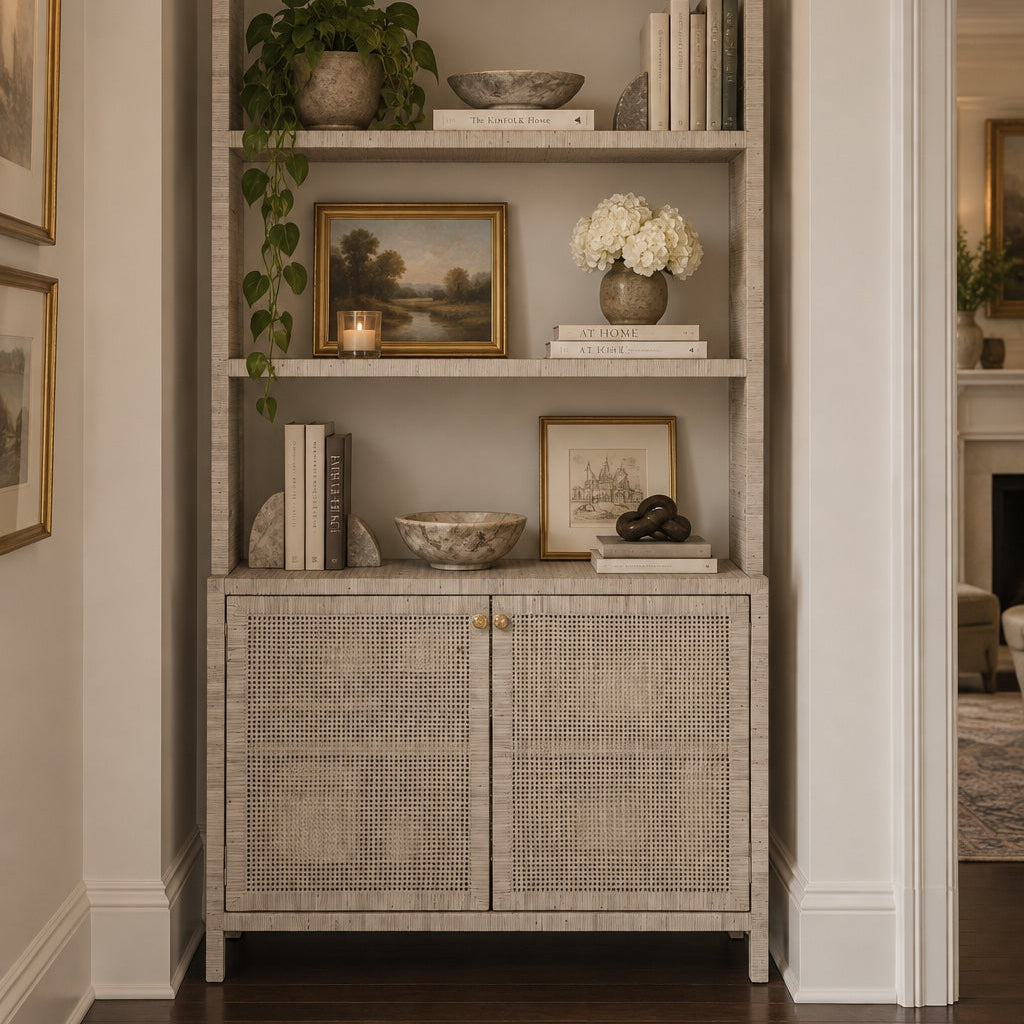 A tall built-in shelving unit with a textured light gray wood frame and two cabinet doors, styled with books, bowls, a potted plant, and framed art in a home entryway.