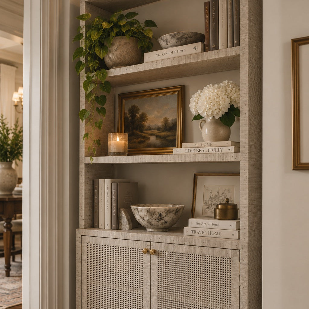 A tall, narrow built-in shelving cabinet in a warm light gray or beige finish, styled with books, a green trailing plant, a vase of white flowers, bowls, and framed art in an elegant interior room.