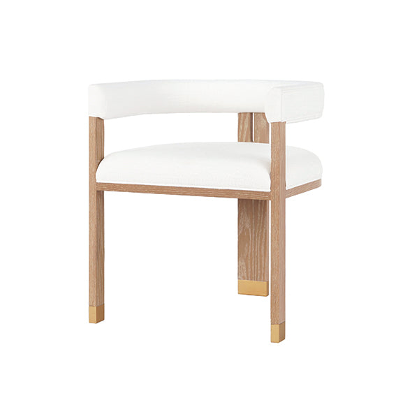 Chair with white cushioned seat and backrest on a light wood frame against a white background
