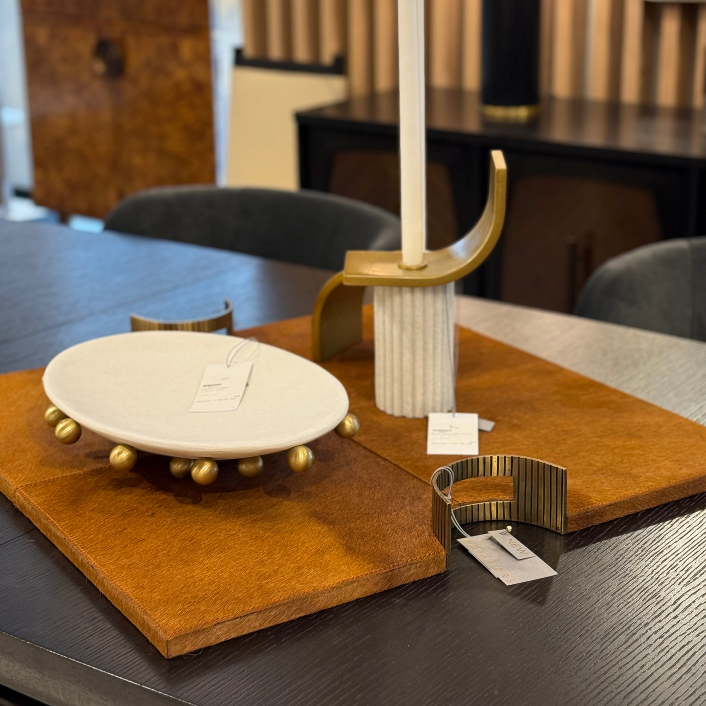 Decorative items on a table with a blurred background