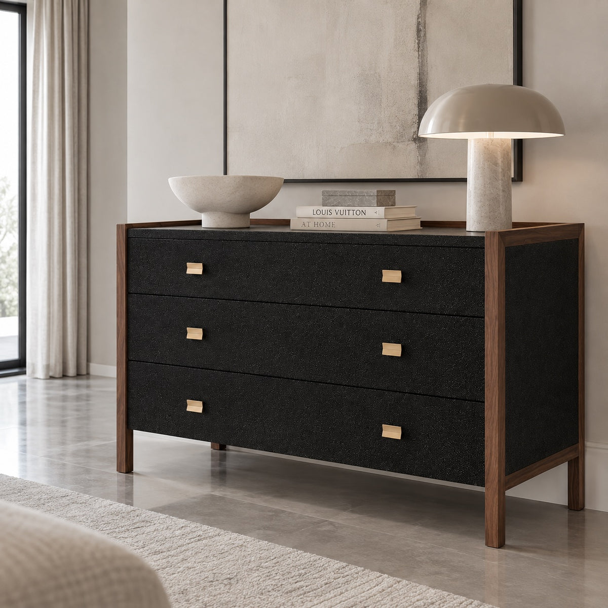 Kennedy Dresser 48" Black Vintage Faux Shagreen and Walnut Veneer