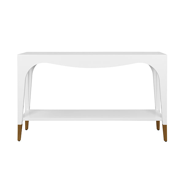 White console table with gold legs on a white background
