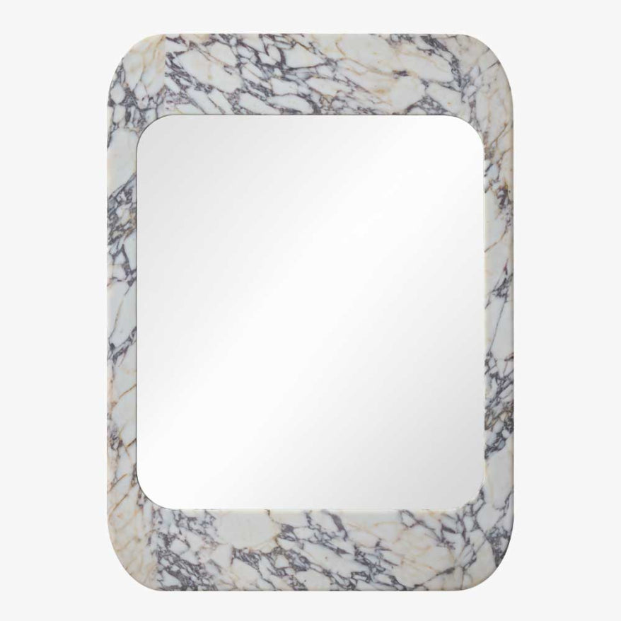 Rectangular mirror with a marble-like frame on a white background
