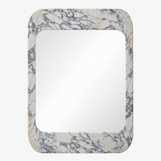 Rectangular mirror with a marble-like frame on a white background