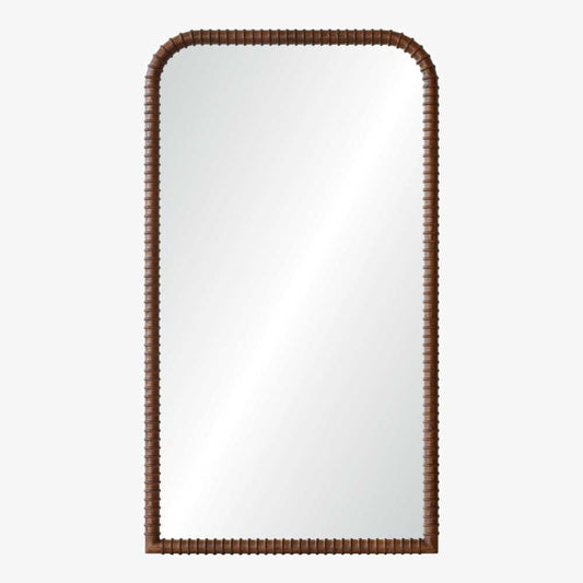 Rectangular mirror with a brown woven frame on a white background