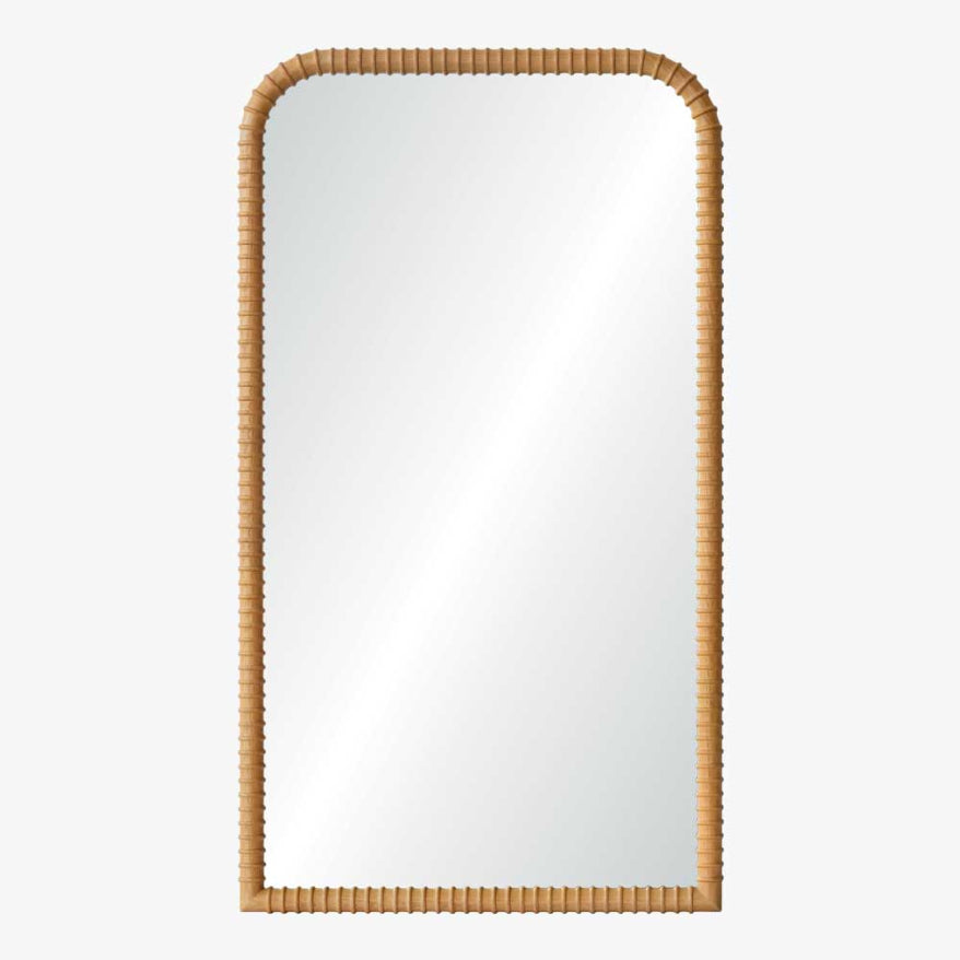 Rectangular mirror with a rattan frame on a white background