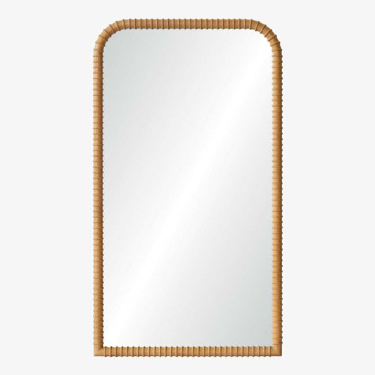 Rectangular mirror with a rattan frame on a white background