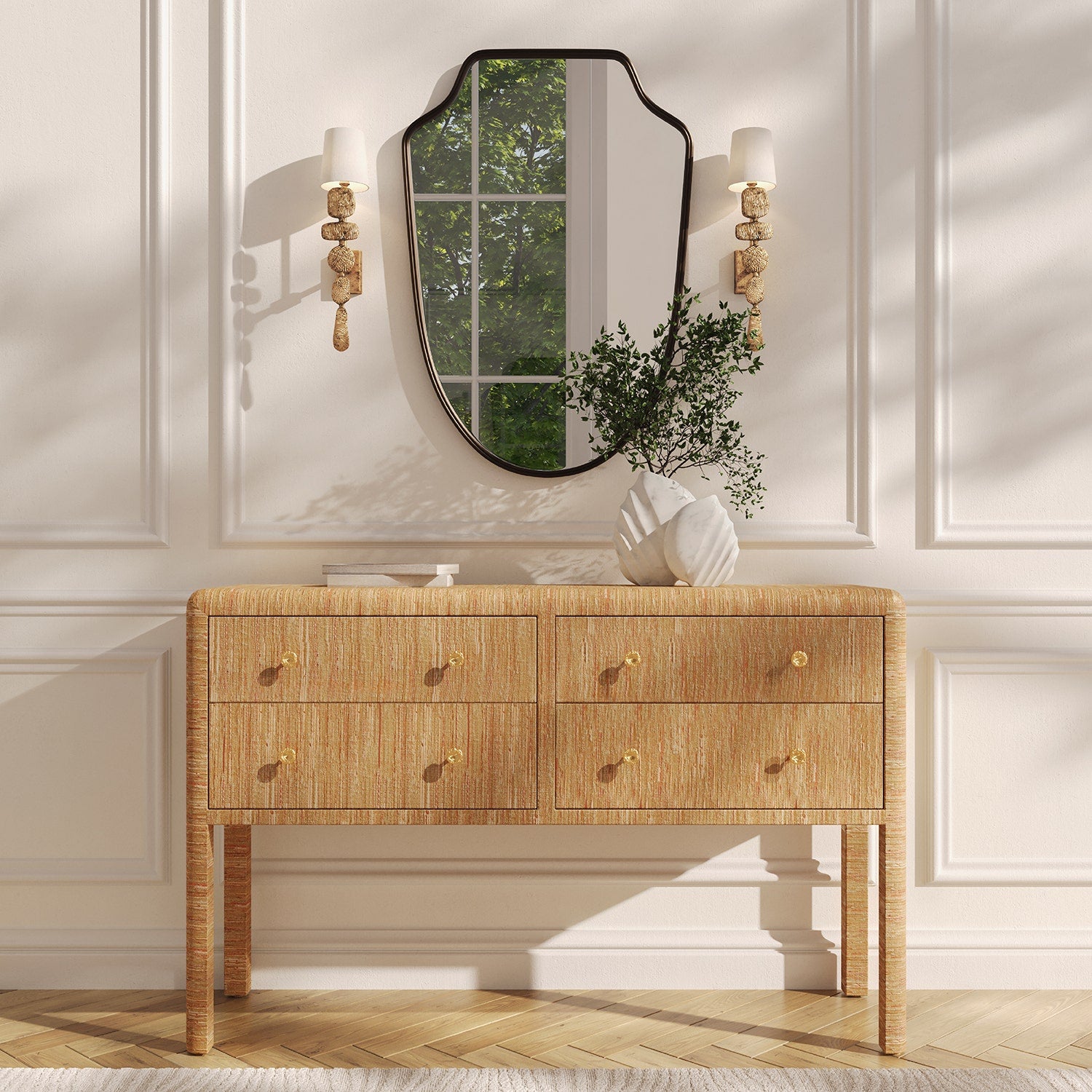 Decorative wall sconce with textured gold base and white shade styled