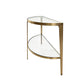 Corner glass table with gold metal frame on a white background