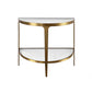 Half-moon side table with gold frame and white marble top on a white background