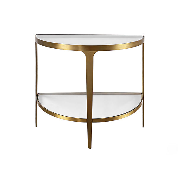 Half-moon side table with gold frame and white marble top on a white background