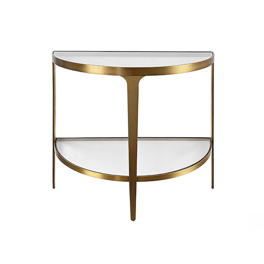 Half-moon side table with gold frame and white marble top on a white background