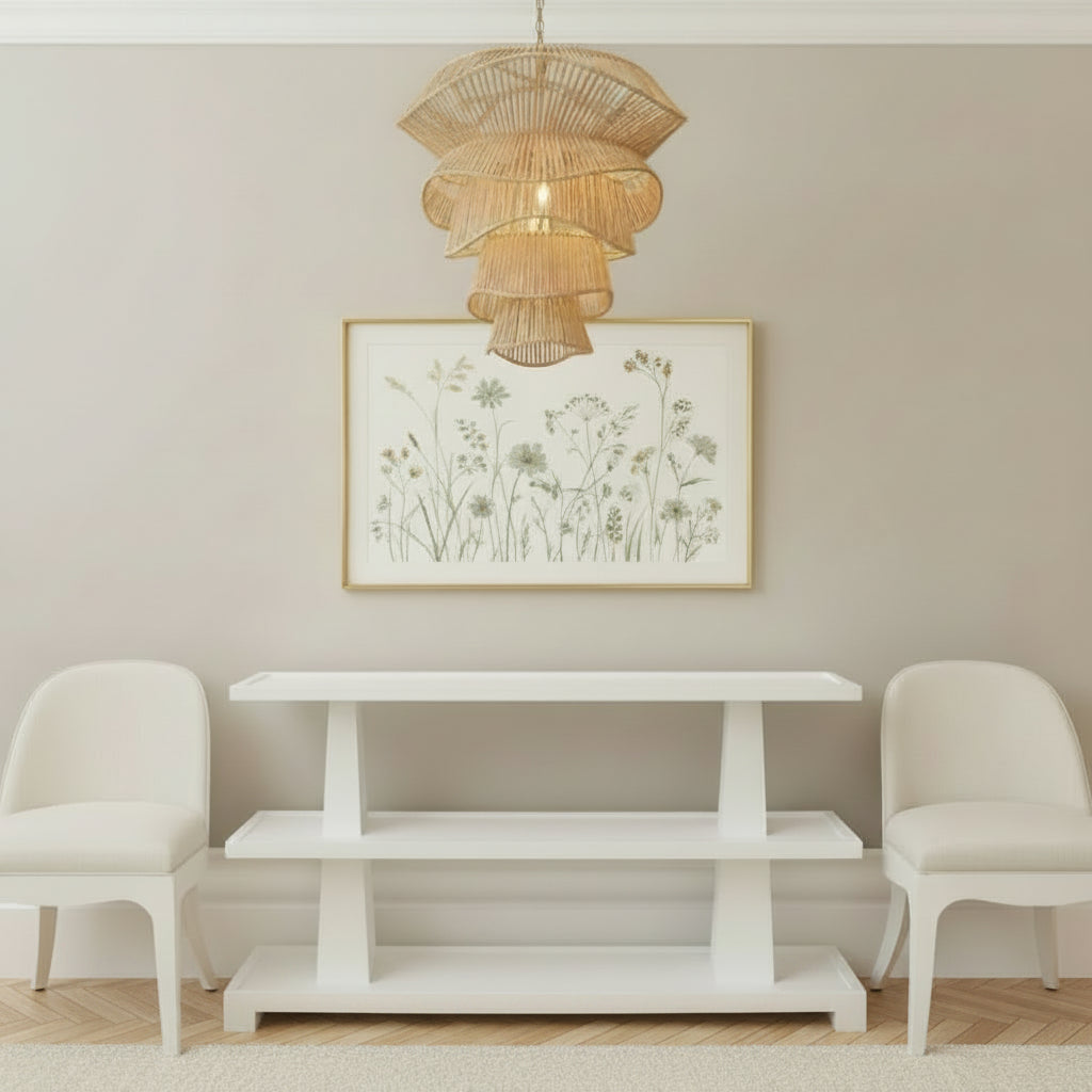 Modern living room with a white console table, chairs, and decorative items.