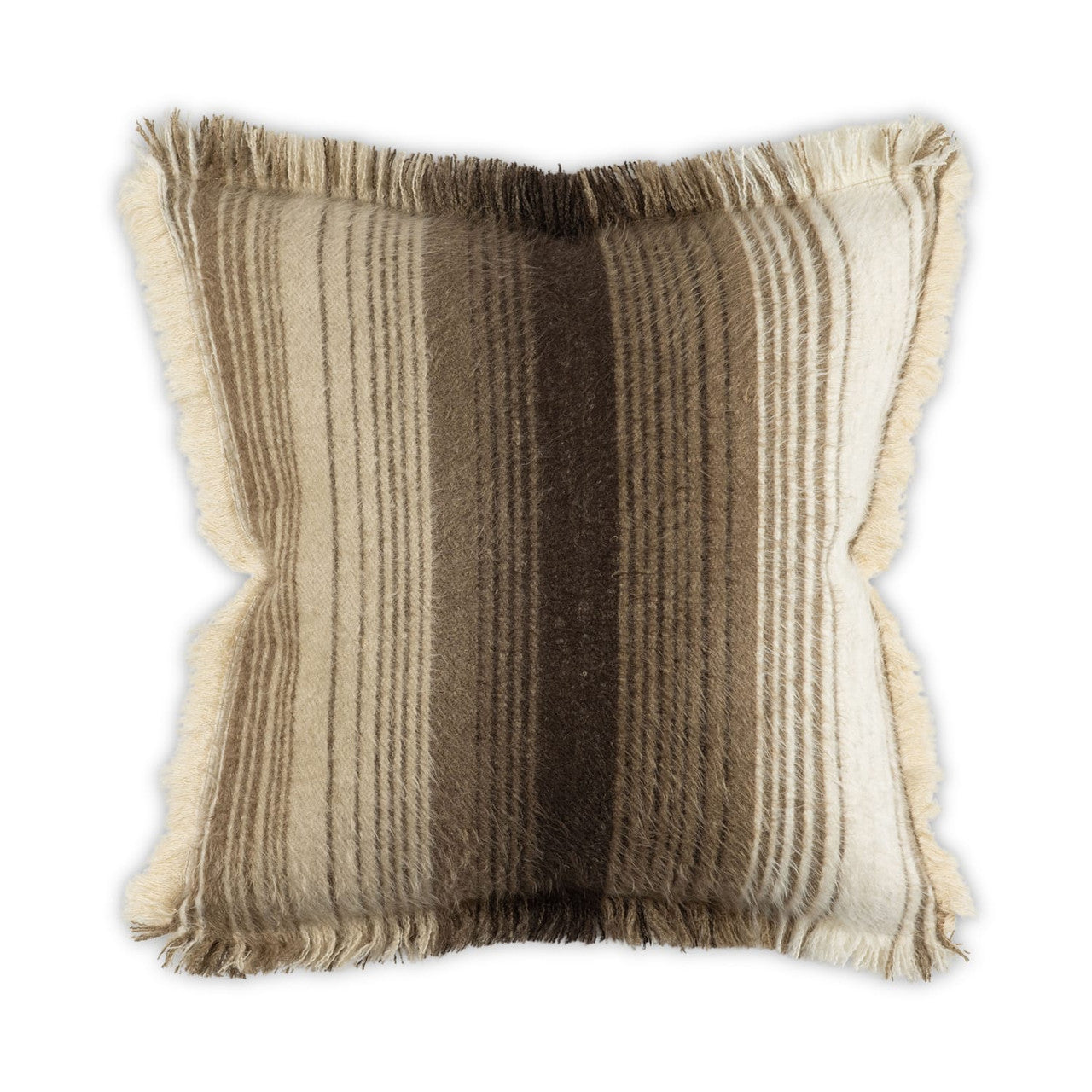 A square throw pillow with a shaggy, faux-fur texture and fringed edges, featuring vertical stripes in cream, beige, and dark brown on a white background.
