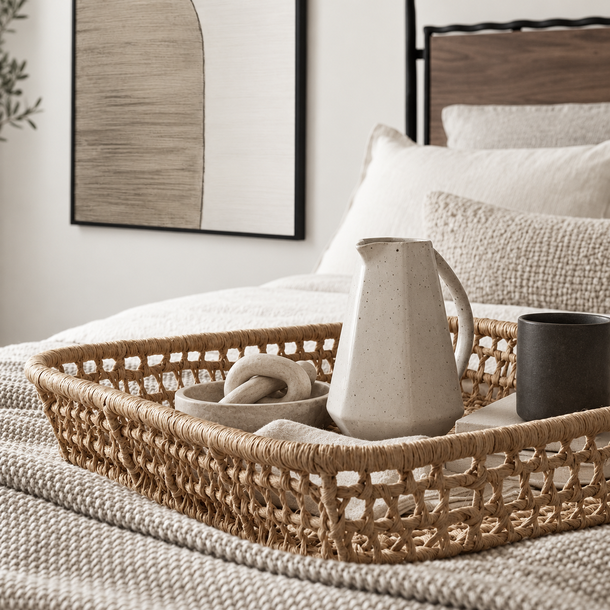 A woven natural fiber serving tray on a neatly made bed, styled with a speckled cream ceramic pitcher, a dark gray mug, and a small bowl.
