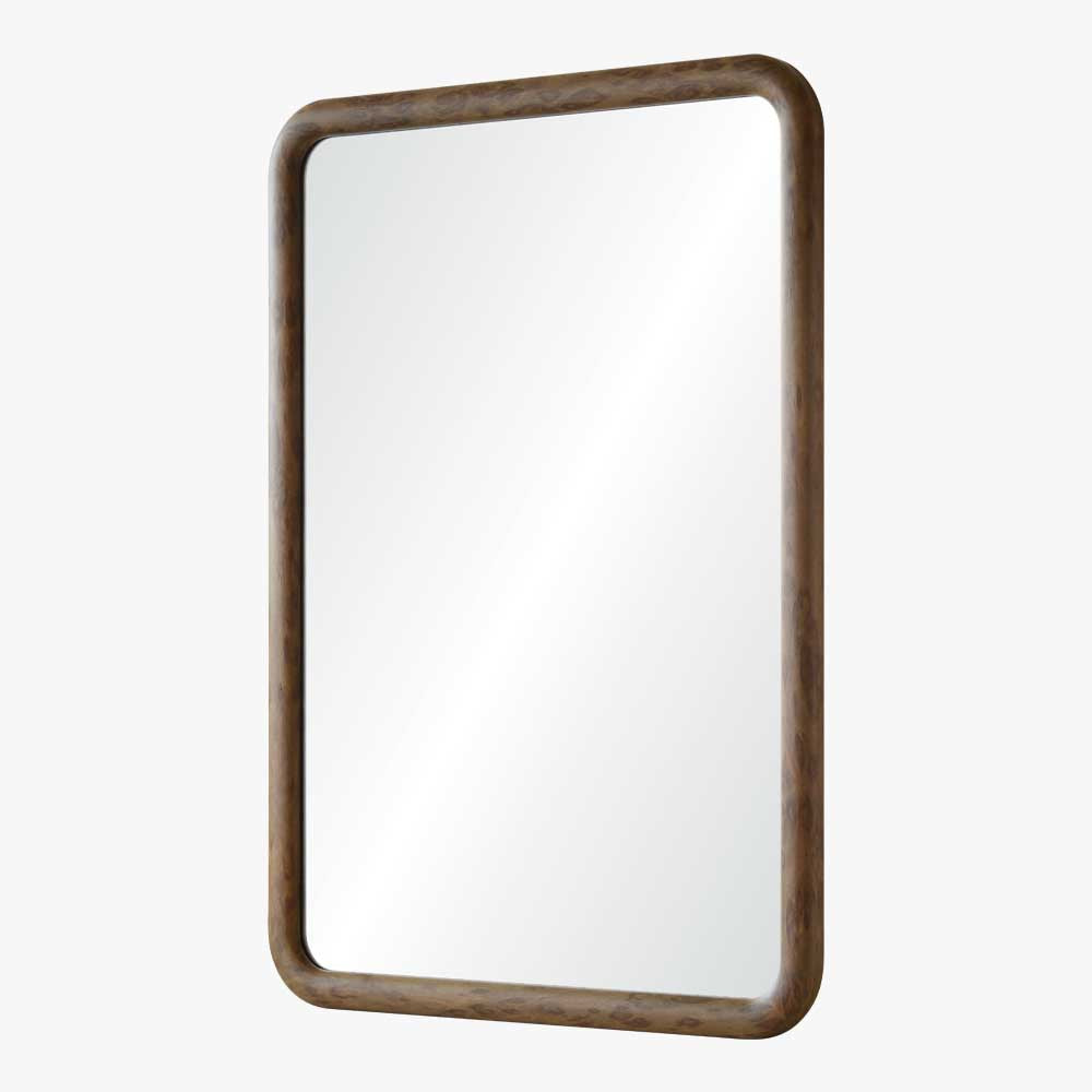 Rectangular mirror with a wooden frame on a white background
