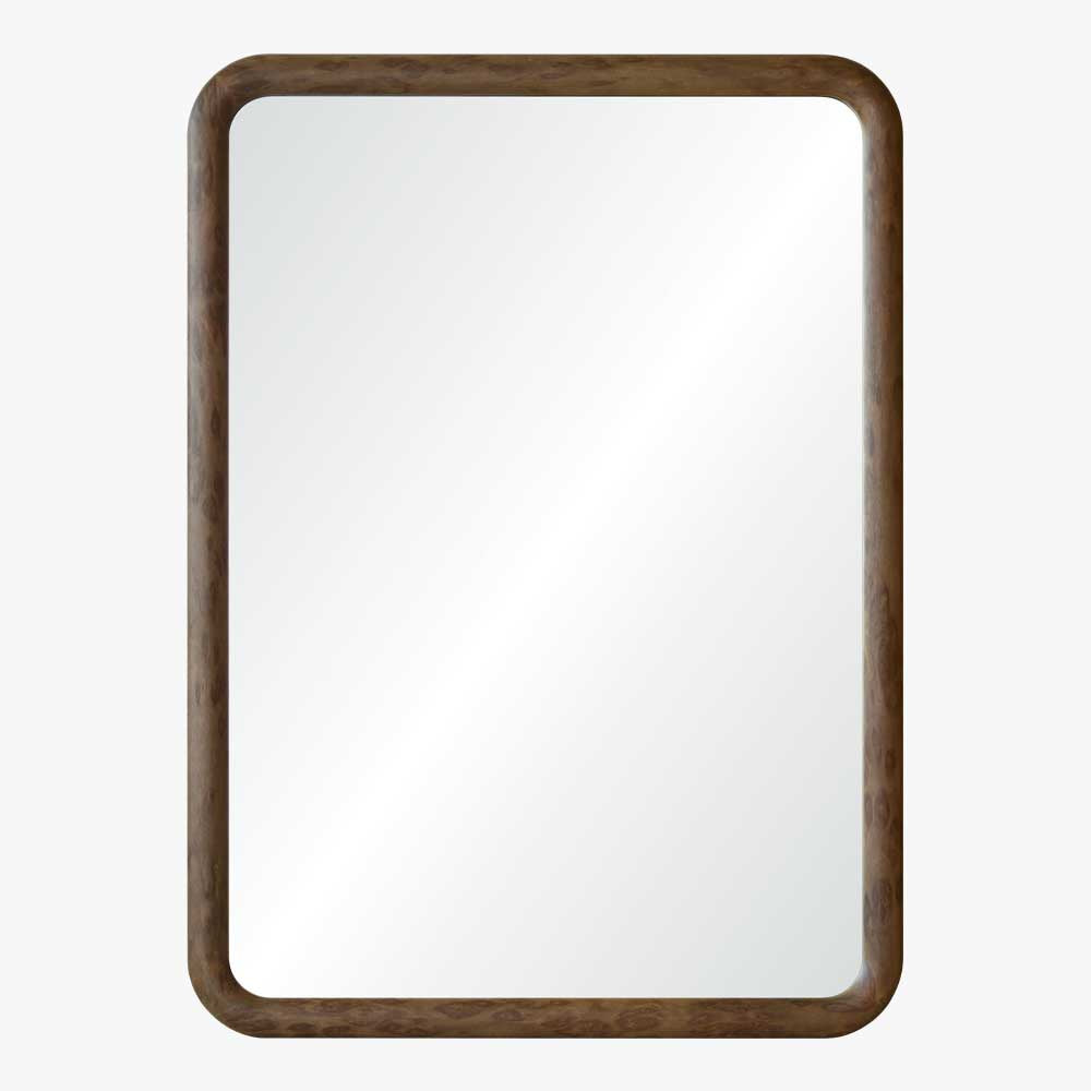 A rectangular wall mirror with a thick, rounded brown wooden frame, shown against a plain light gray background.