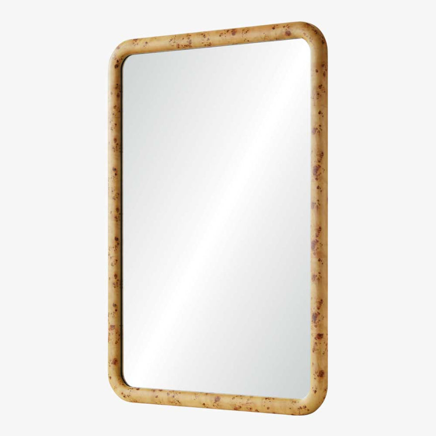 Rectangular mirror with a burl wooden frame on a white background