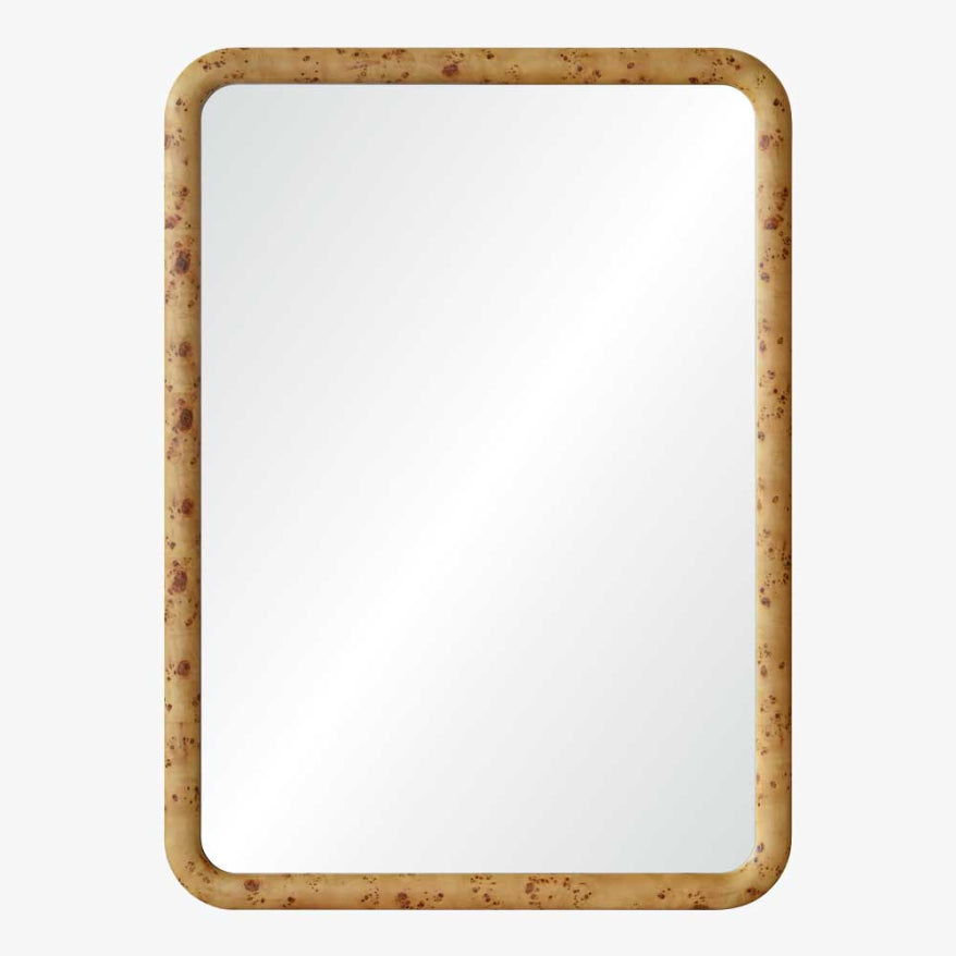 Rectangular mirror with a burl wooden frame on a white background