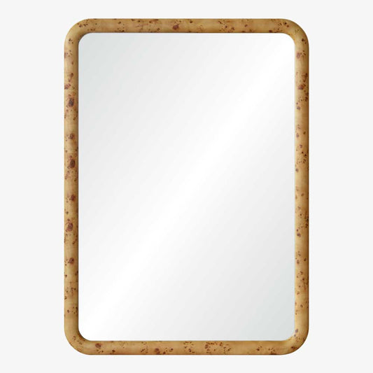 Rectangular mirror with a burl wooden frame on a white background