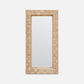 Rectangular mirror with a woven rattan frame on a white background
