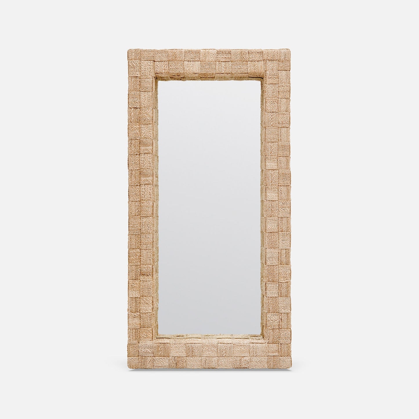 Rectangular mirror with a woven rattan frame on a white background