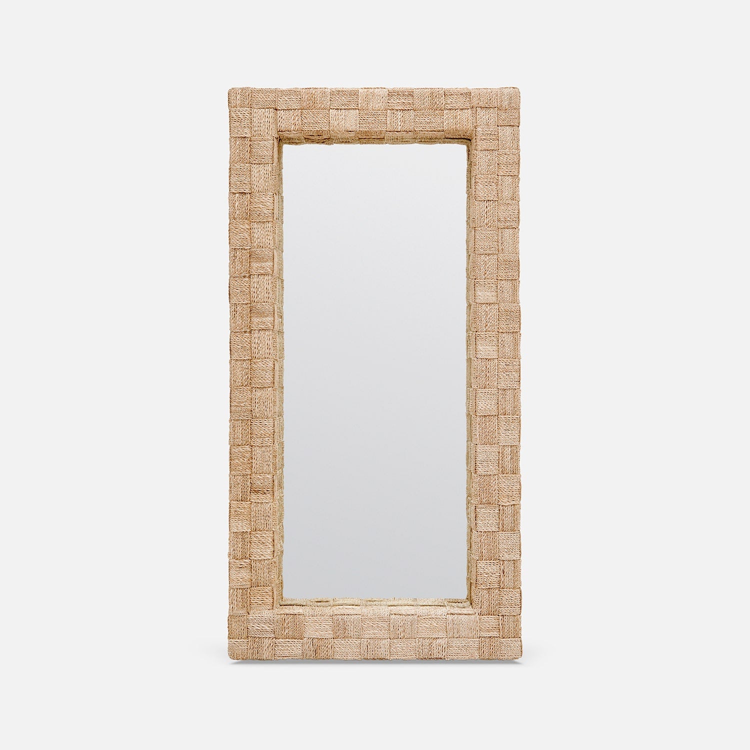 Rectangular mirror with a woven rattan frame on a white background