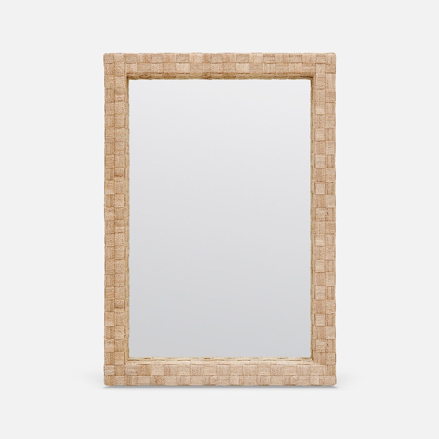 Rectangular mirror with a woven rattan frame on a white background