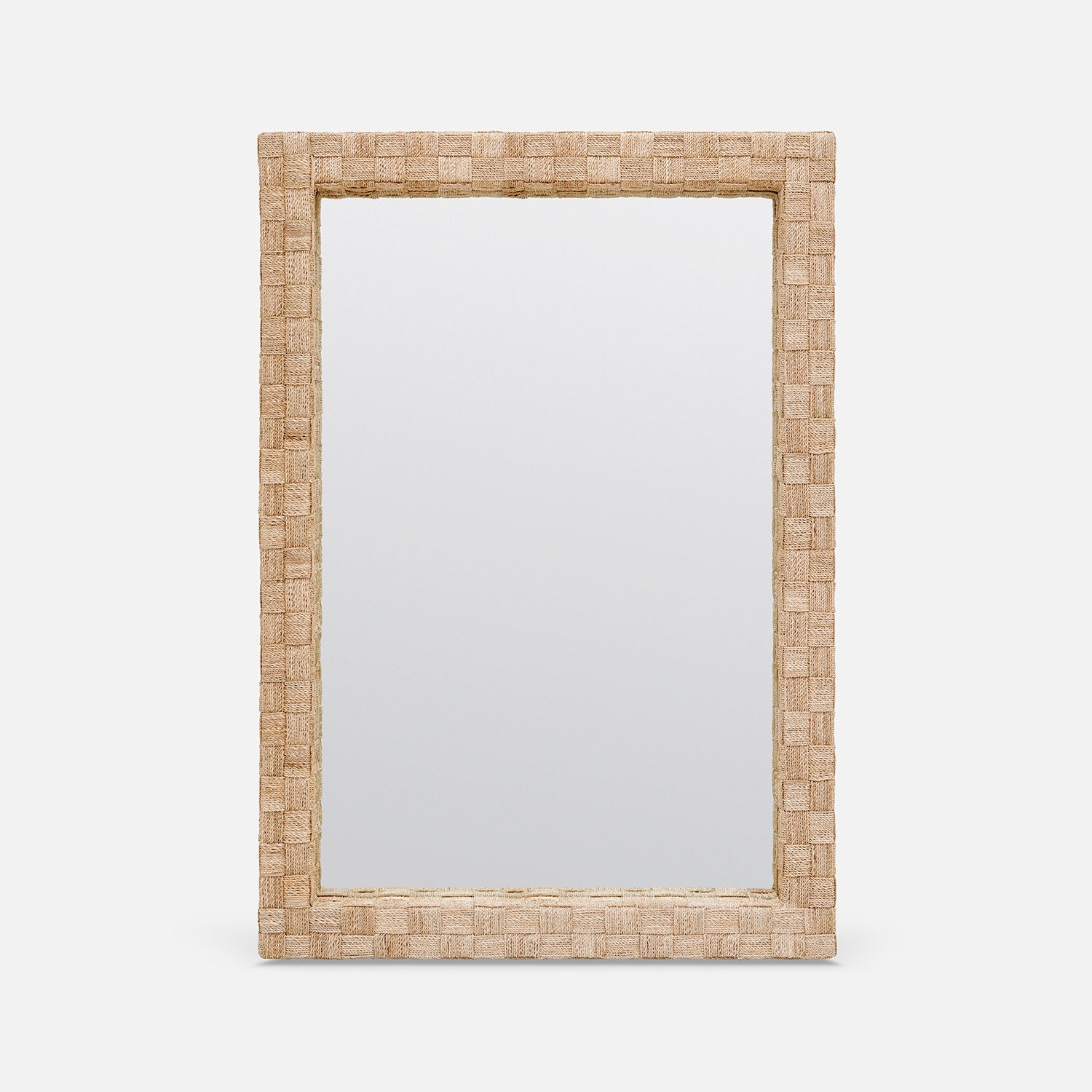 Rectangular mirror with a woven rattan frame on a white background