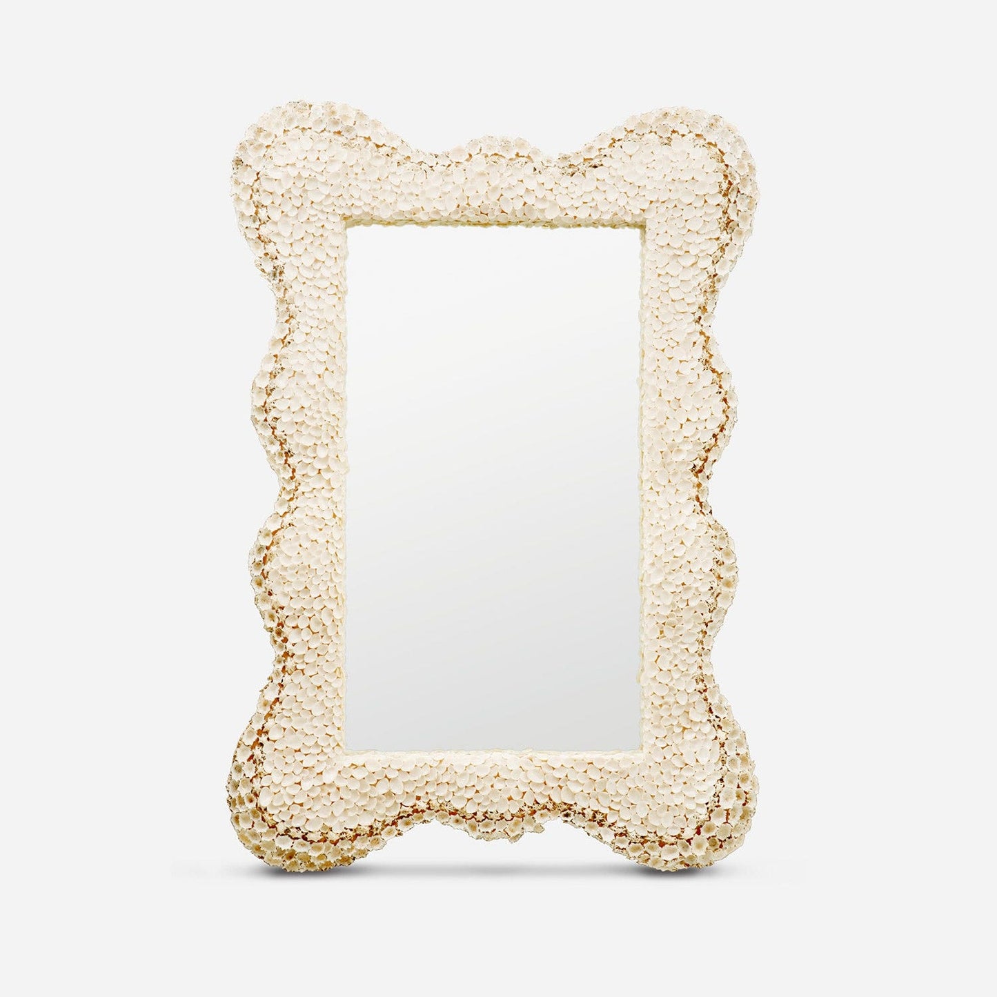 Decorative framed mirror with textured beige border on a white background