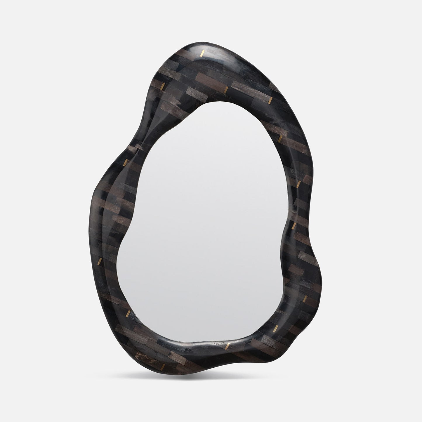 Decorative mirror with a black, wavy frame on a white background