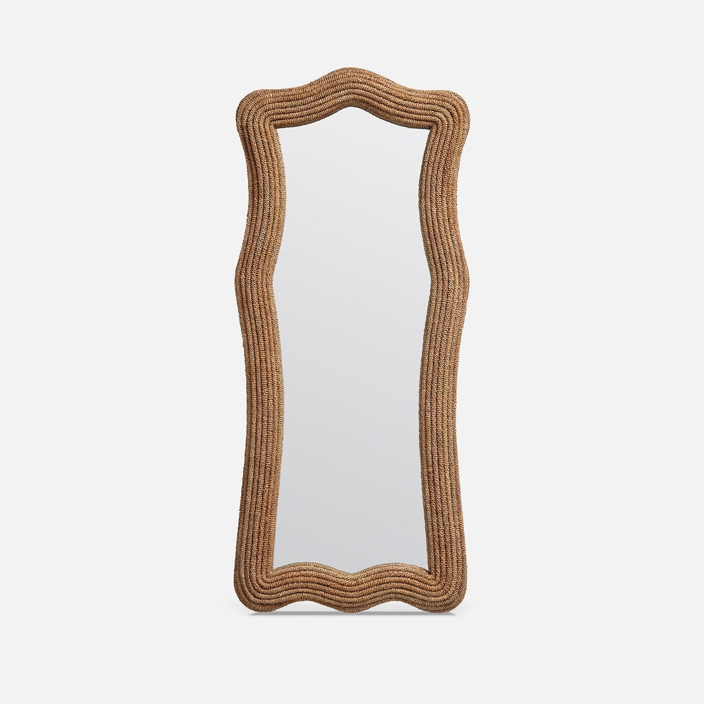 Rectangular mirror with a wicker frame on a white background