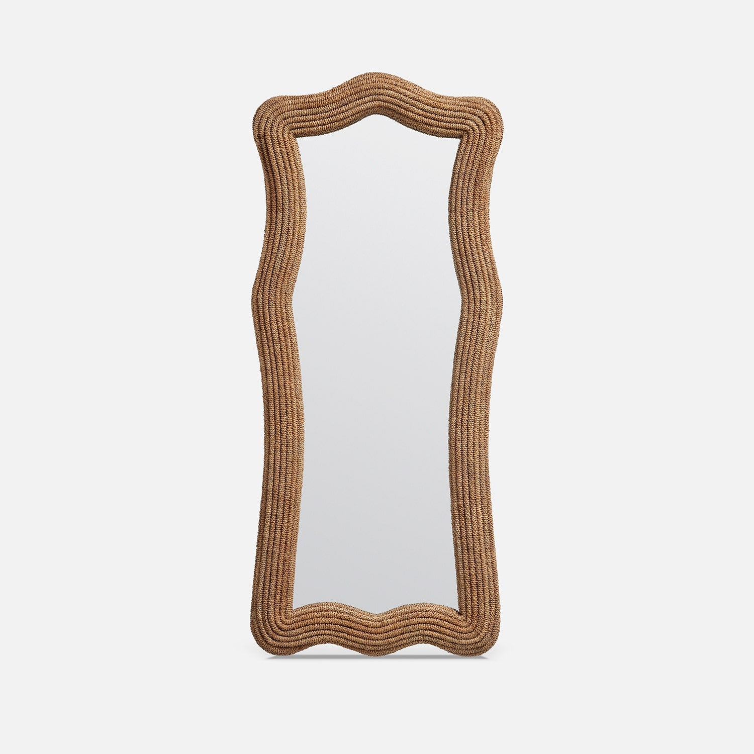 Rectangular mirror with a wicker frame on a white background