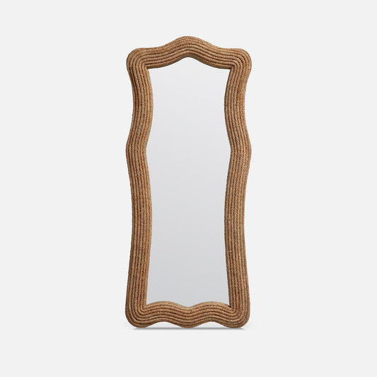 Rectangular mirror with a wicker frame on a white background