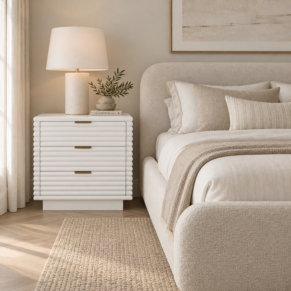 A modern white nightstand with horizontal grooved drawers and gold-tone handles, styled in a bedroom next to a bed with neutral linens and a lamp.