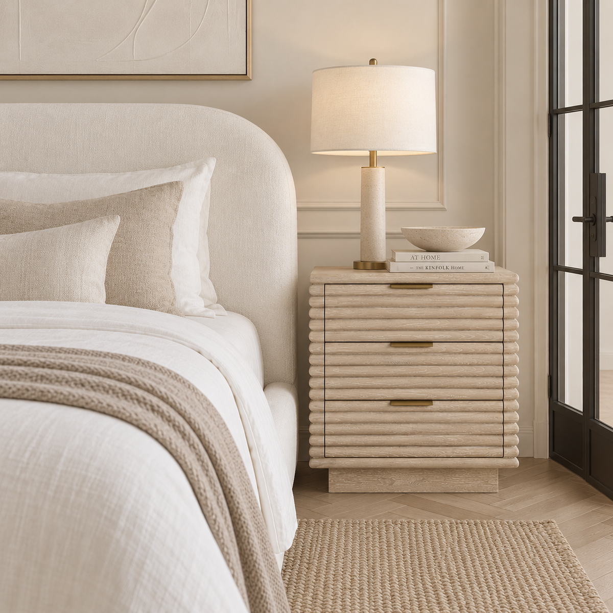 A modern nightstand with a ribbed cream finish and gold-tone drawer pulls, styled next to a bed in a bright, neutral-toned bedroom. A table lamp with a white drum shade and marble base sits on top of the nightstand, which also holds a small bowl and books.