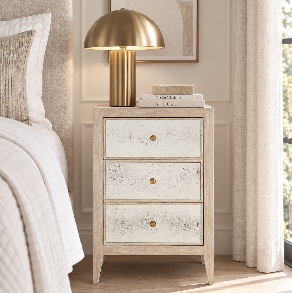 A three-drawer nightstand in a light natural wood finish with distressed white drawer fronts and small brass knobs, styled in a bedroom next to a bed with a gold dome lamp on top.