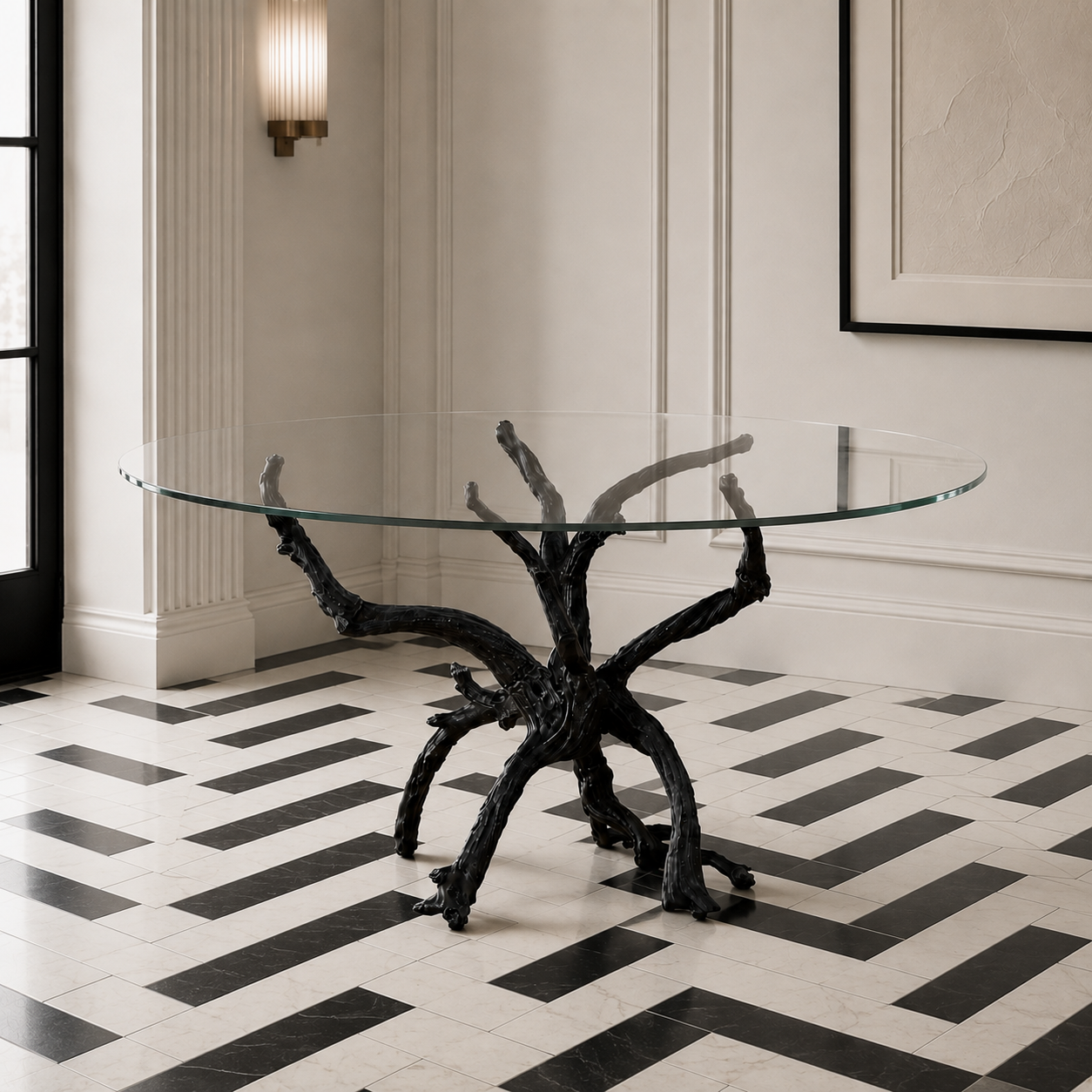 A round glass-top table with a sculptural black branch-like base, placed in a styled interior with cream walls, a black-and-white geometric tile floor, and wall sconces.