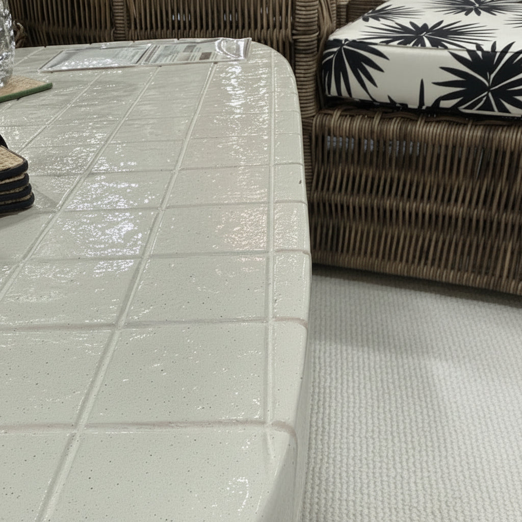 A glossy square table covered in a light beige speckled tile-patterned tablecloth, shown in a home setting next to a wicker chair with a green floral cushion.