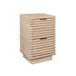 Beige side table with stacked rectangular shapes on a white background