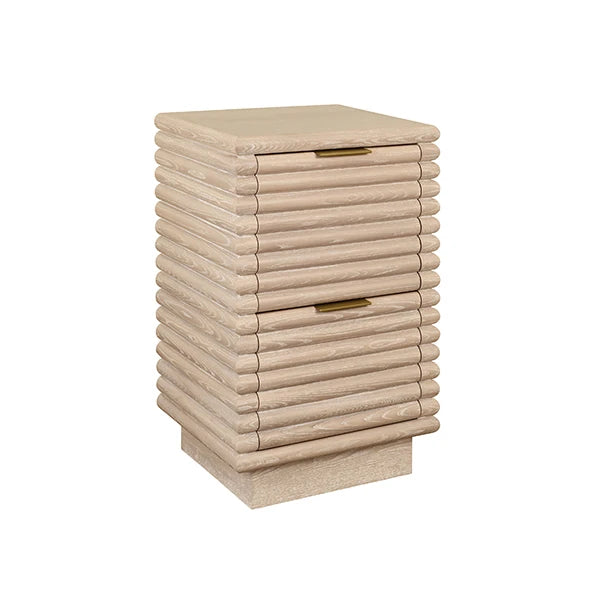 Beige side table with stacked rectangular shapes on a white background